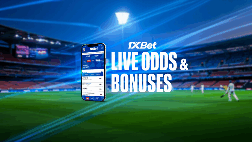 Smartphone with live betting odds at 1xBet displayed on a cricket stadium backdrop