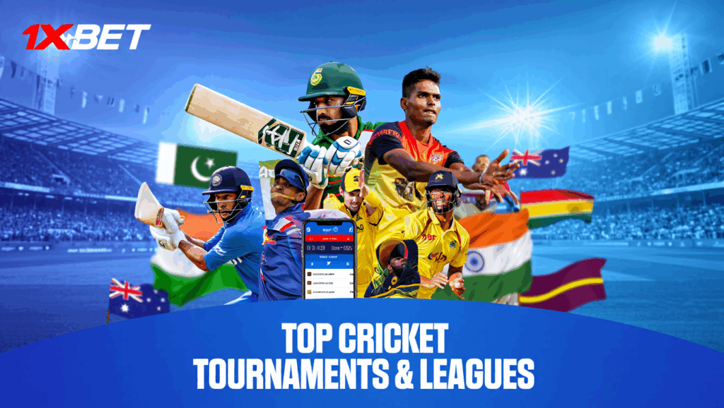 Group of international cricket stars with national flags behind them and a phone showing cricket odds on 1xBet