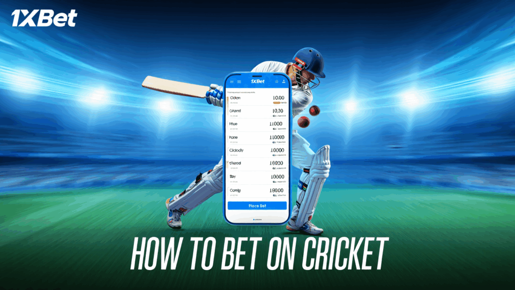Dynamic cricket scene with a player ready to hit and a phone featuring betting selections from 1xBet