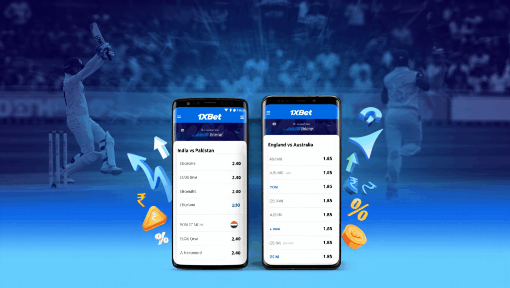 Two smartphones displaying cricket match odds and live markets on 1xBet