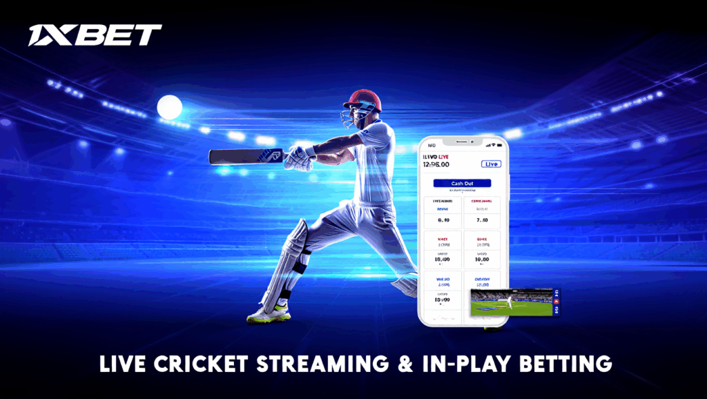 Action shot of a batsman with a bright stadium behind him and a phone showing cricket bets for 1xBet